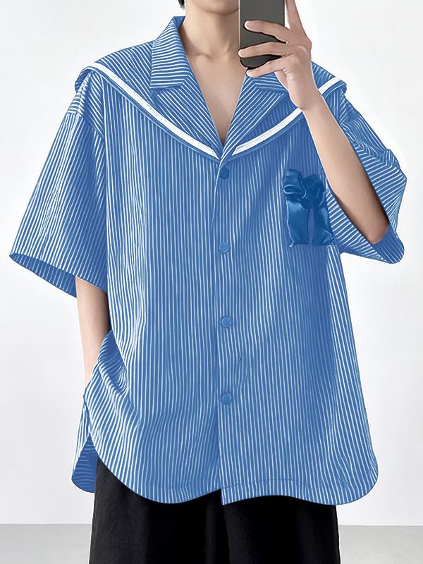 Men's Satin Bow Striped Sailor Collar Shirt SKUL41064