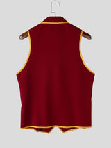 Men's Retro Party Gold Floral Embroidery Contrast Trim Sleeveless Lapel Collar Waistcoat SKUL76451