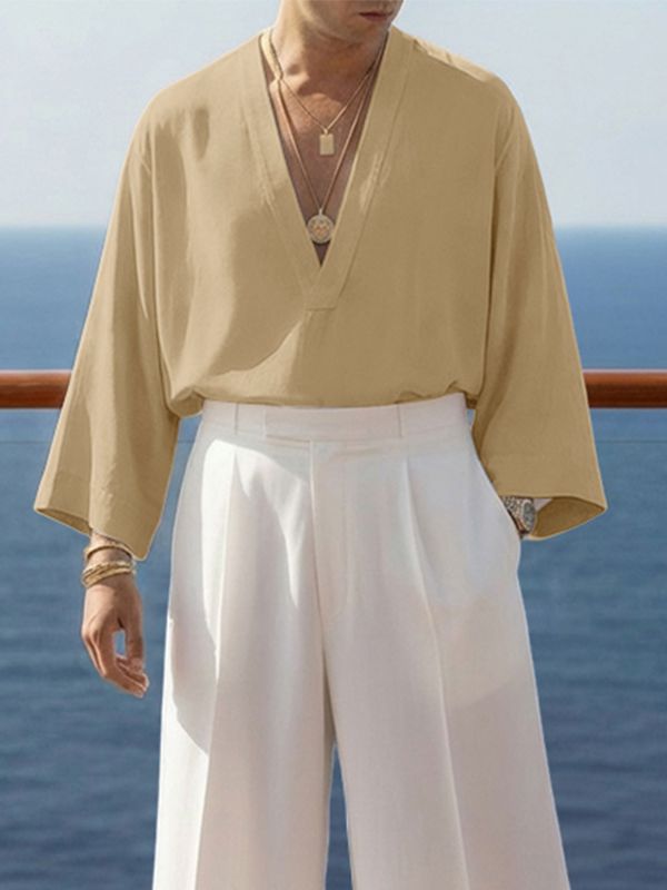 Men's Solid Color Deep V-Neck 3/4 Length Sleeve Shirt SKUL51929