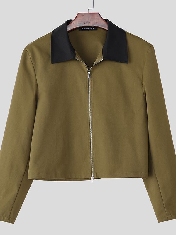 Men's Contrast Color Collar Cropped Zip Long Sleeve Jacket SKUL35207