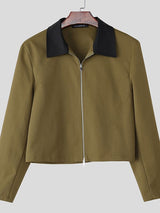 Men's Contrast Color Collar Cropped Zip Long Sleeve Jacket SKUL35207