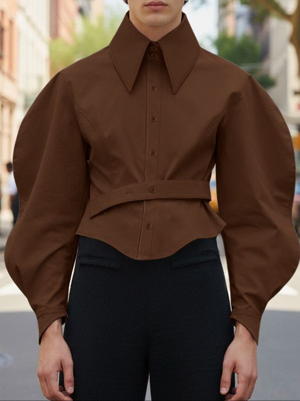 Men's Solid Color Cinched Waist Gigot Sleeve Shirt SKUL47870