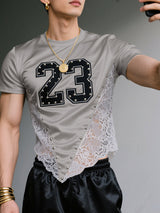Men's Number Print Lace Sheer Patchwork Short Sleeve T-Shirt SKUL22234