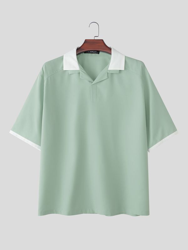 Men's City Boy Contrast Collar Dropped Shoulder V Neck Short Sleeve Shirt SKUL73770