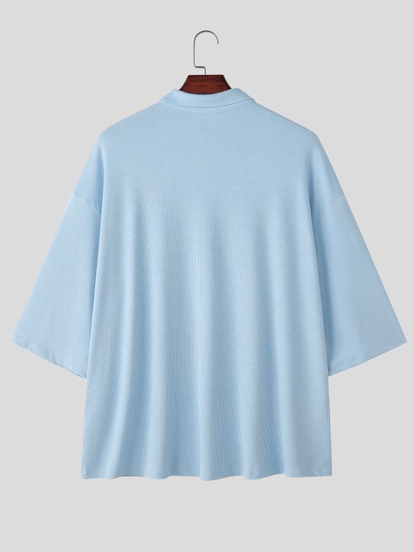 Men's Avant-Garde High-Street Deep V-Neck Ribbed Knit Polo Shirt SKUL74629