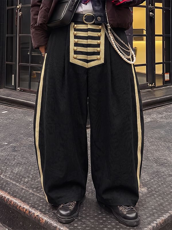 Men's Retro Avant-Garde Military Gold Frogging Embroidery Side Stripe Floor Length Wide Leg Pant SKUL76590