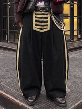 Men's Retro Avant-Garde Military Gold Frogging Embroidery Side Stripe Floor Length Wide Leg Pant SKUL76590