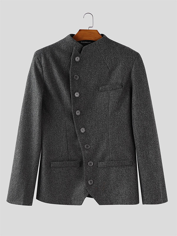 Men's Solid Color Slant Placket Casual Long Sleeve Jacket SKUL29764