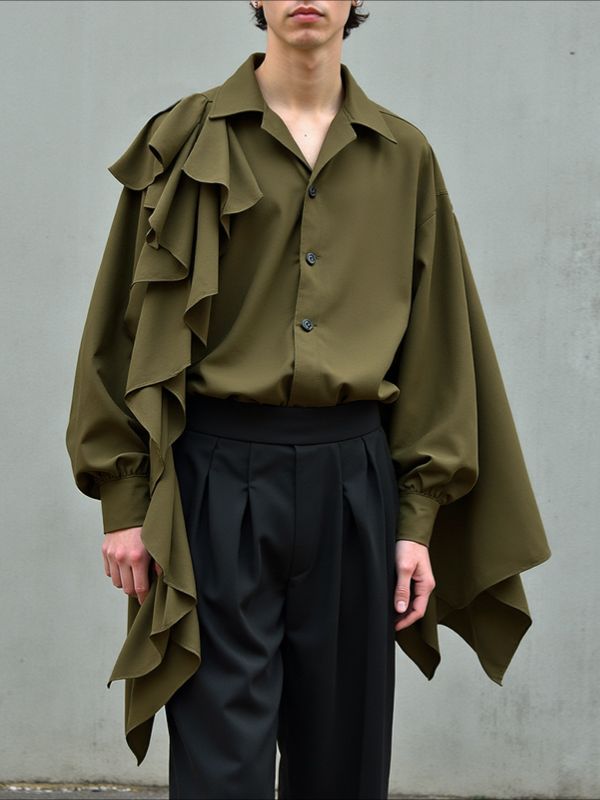 Men's Ruffle Patchwork Loose Long Sleeve Shirt SKUL35033