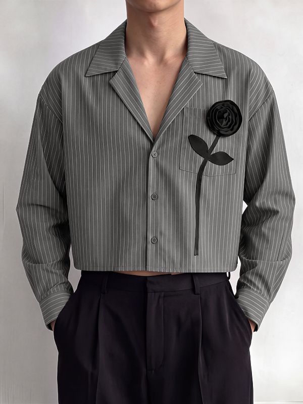 Men's Romantic Avant-Garde 3D Rose Appliqué Deep V-Neck Cropped Pinstripe Shirt SKUL79631