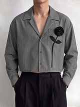 Men's Romantic Avant-Garde 3D Rose Appliqué Deep V-Neck Cropped Pinstripe Shirt SKUL79631