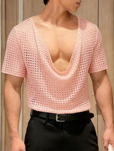 Men's Hollow Mesh Pocket Collar Short Sleeve T-shirt SKUL54095