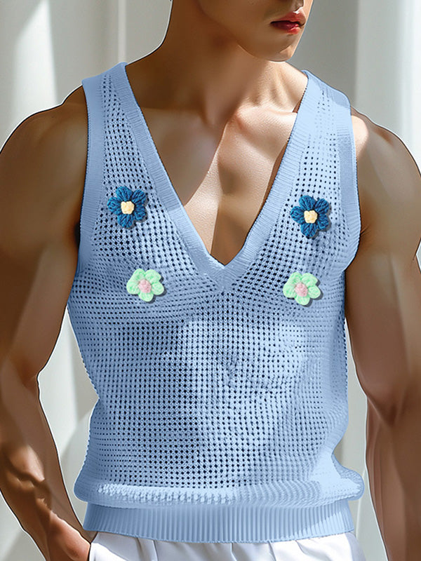 Mens Flower Mesh See Through V-Neck Vest SKUK61373