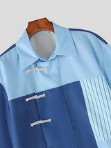 Men's Modern Chinese Turn-Down Collar Frog Button Color-Block Cropped Short Sleeve Shirt SKUL62114