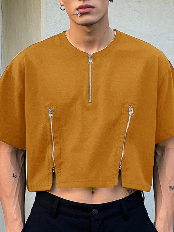 Mens Half-Zip Cropped Short-Sleeve T-Shirt SKUL09317
