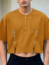 Mens Half-Zip Cropped Short-Sleeve T-Shirt SKUL09317