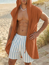 Men's Beach Resort Sheer Front Tie Hooded Sleeveless Cardigan SKUL65271