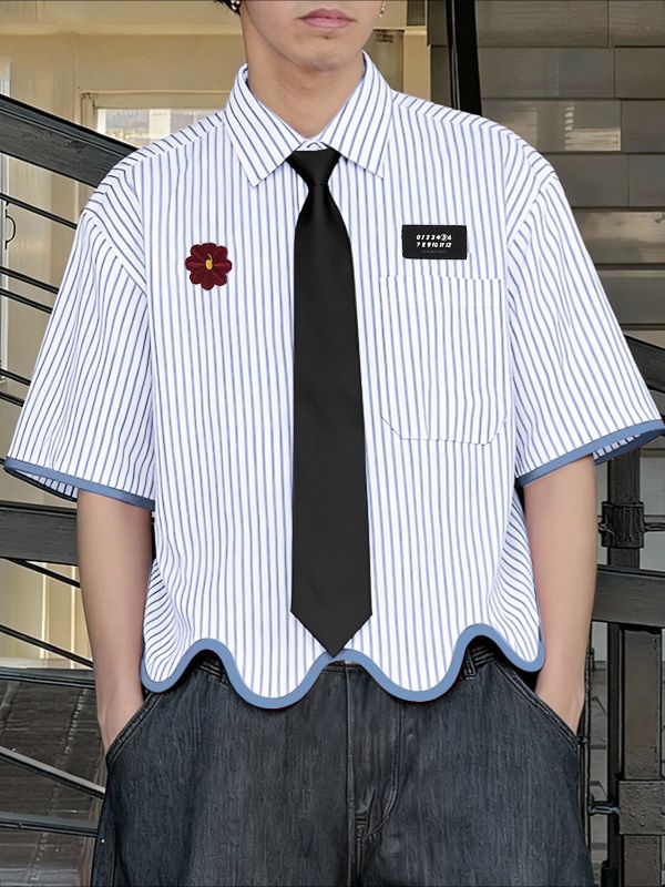 Men's Contrast Color Wave Hem Short Sleeve Shirt SKUL45335