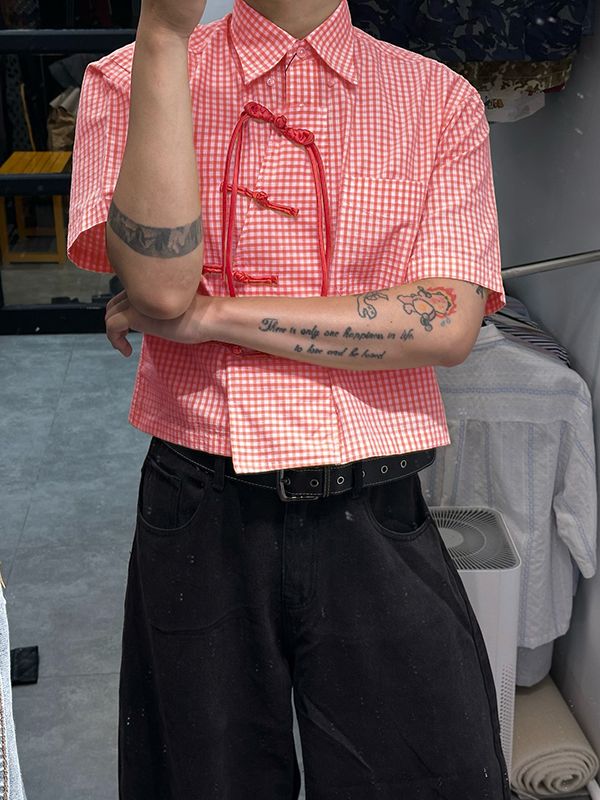 Men's Trendy New Chinese Style Gingham Plaid Contrast Frog Button Cropped Shirt SKUL60807