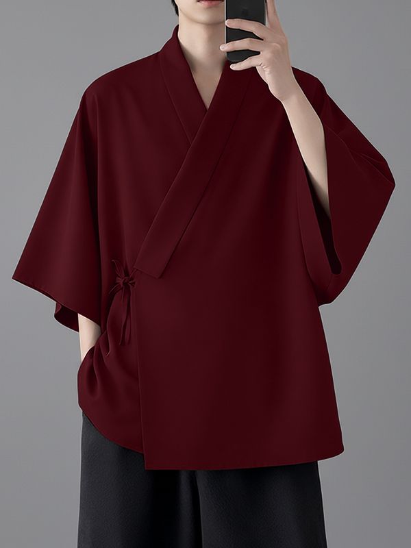 Men's Solid Color Asymmetric Placket 3/4 Length Sleeve Cardigan SKUL50533
