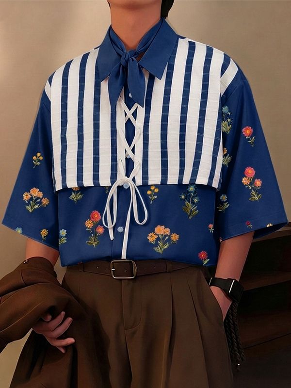 Men's Floral Print Contrast Color Patchwork Half Sleeve Shirt SKUL53143