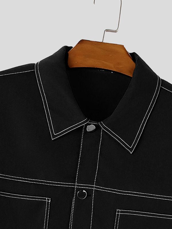 Men's Workwear Streetwear City Walk Contrast White Stitching Lapel Cropped Jacket SKUL84788