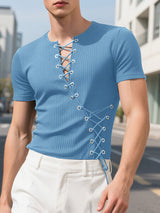 Mens Crisscross Lace-Up Knit Short Sleeve T-Shirt SKUL16797
