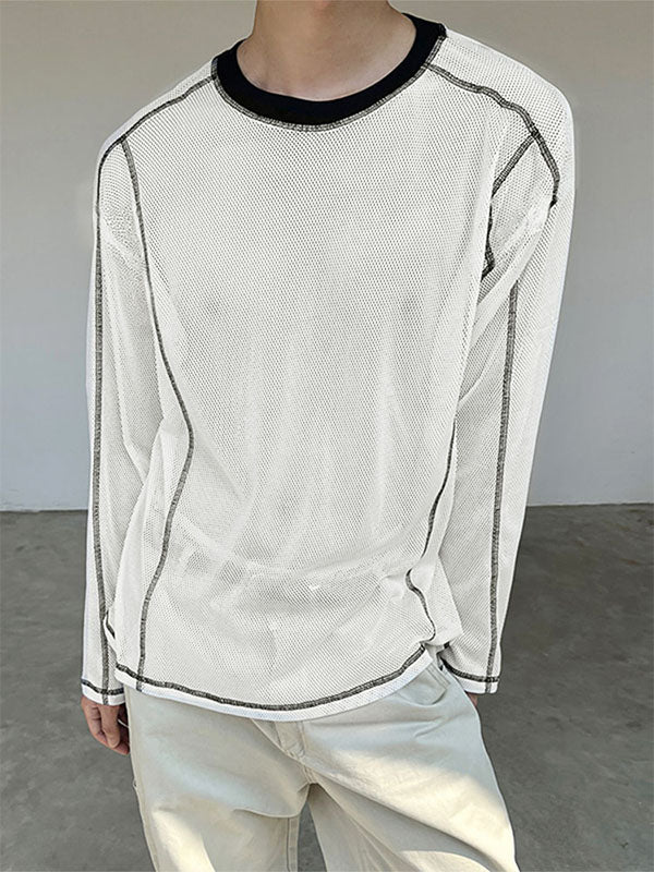 Men's Mesh Hollow Out Color Block Long Sleeve T-Shirt SKUL33866
