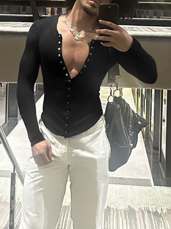 Men's Minimalist Textured Deep V Neck Long Sleeve T-shirt SKUL46565