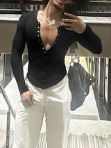 Men's Minimalist Textured Deep V Neck Long Sleeve T-shirt SKUL46565