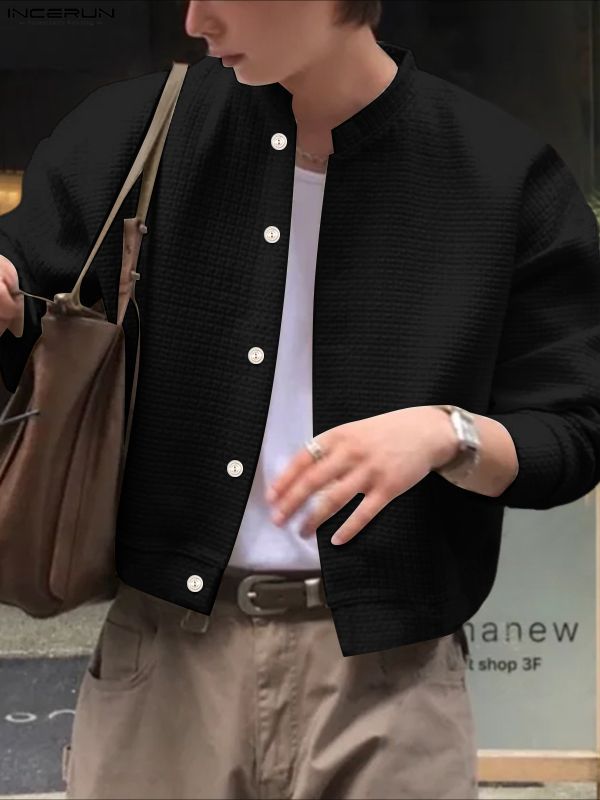 Men's Solid Color Textured Plaid Long Sleeve Jacket SKUL43874