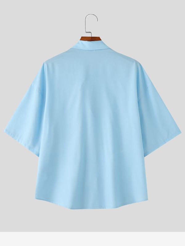 Men's Japanese Harajuku Flying Bird Print Asymmetric Diagonal Button Short Sleeve Shirt SKUL63005