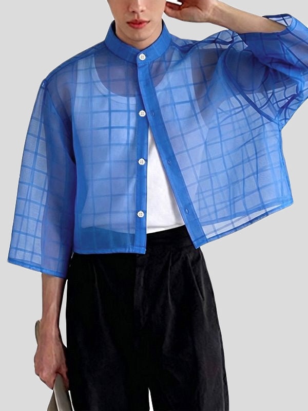 Men's Avant-Garde Sheer Organza Plaid Stand Collar Cropped 3/4 Sleeve Shirt SKUL63171