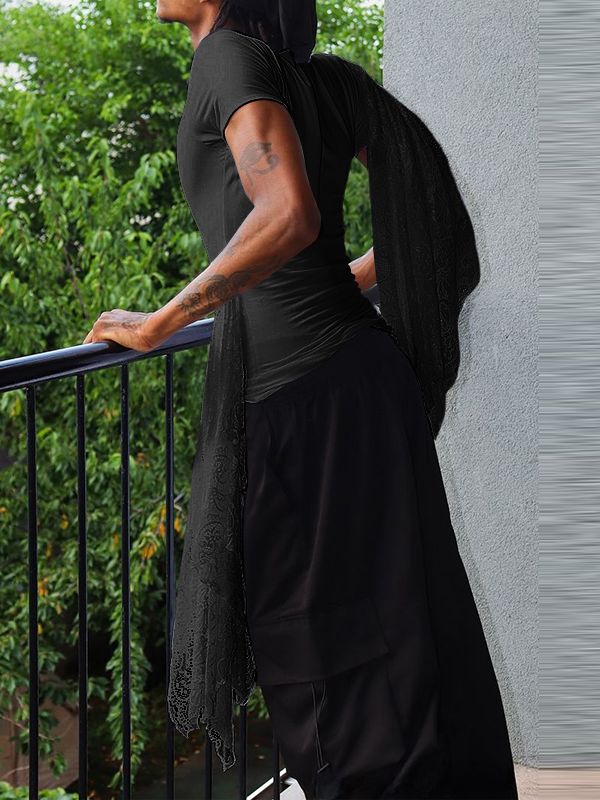 Men's Solid Color Lace Patchwork Knitted Short Sleeve T-shirt SKUL42802