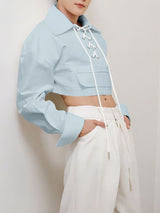 Men's Drawstring Tie Cropped Long Sleeve Shirt SKUL34230