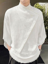 Men's Modern Chinese Zen Aesthetic Asymmetric Slant Button Raw Hem Short Sleeve Shirt SKUL71271