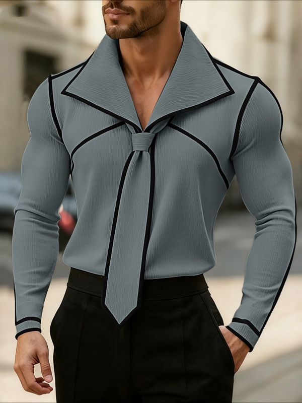 Men's Color Block Textured Knit Long Sleeve Shirt SKUL43805