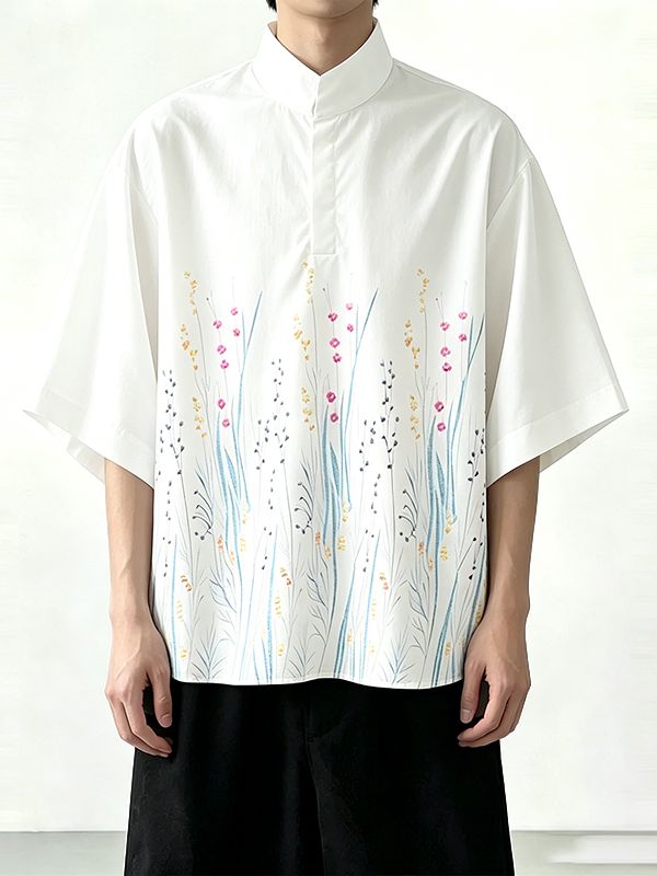 Men's Minimalist Casual Lightweight Floral Print Stand Collar Short Sleeve Shirt SKUL60818
