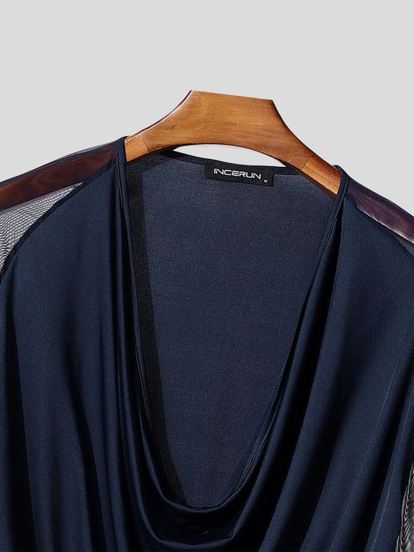 Men's Semi Sheer Mesh Draped Neck Long Sleeve T-shirt SKUL54094