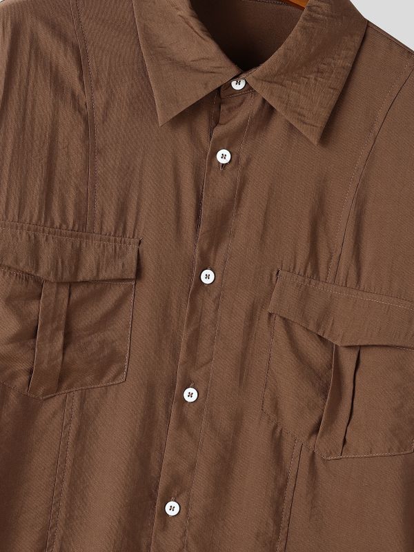 Men's Japanese Streetwear City Boy Oversized Boxy Cropped Utility Button-Up Shirt SKUL78182