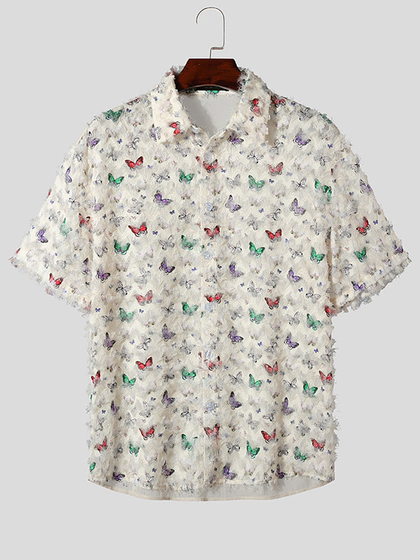 Mens Butterfly Print Textured Short Sleeve Shirt SKUK58623