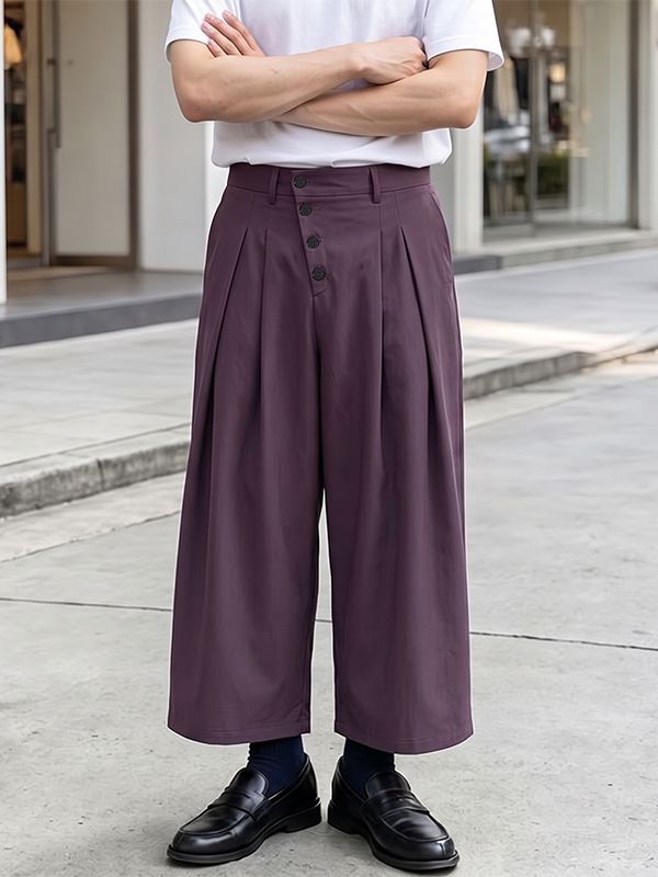 Men's Clean-Fit Minimalist Daily Commute Slanted Button Fly High-Waist Cropped Pant SKUL84631