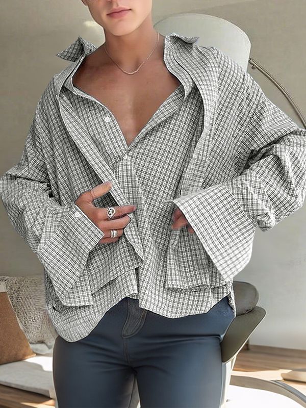 Men's Plaid Double Layer Casual Long Sleeve Shirt SKUL31900