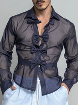 Men's Bow Patchwork Sheer Long Sleeve Shirt SKUL25105