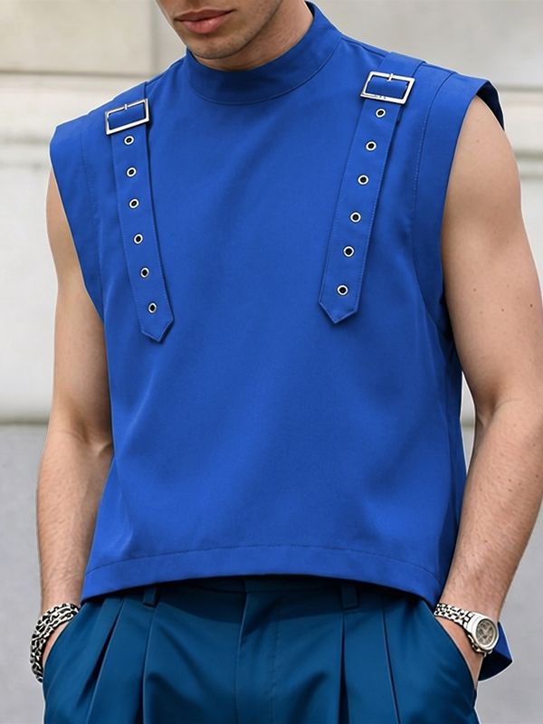 Men's Avant-Garde Mock Neck Shoulder Buckle Strap Detail Cropped Tank SKUL66047