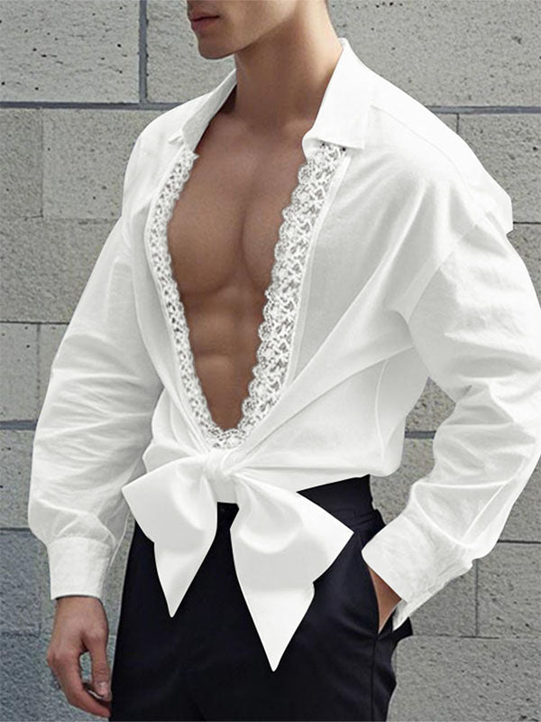 Mens Lace Patchwork Hollow-Out Long-Sleeve Shirt SKUK97045