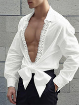 Mens Lace Patchwork Hollow-Out Long-Sleeve Shirt SKUK97045