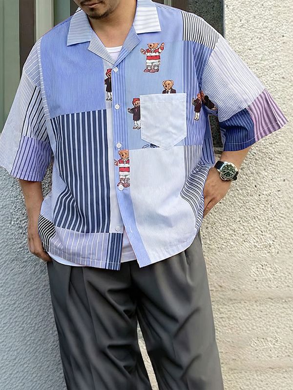 Men's Bear Print Striped Short Sleeve Shirt SKUL47706