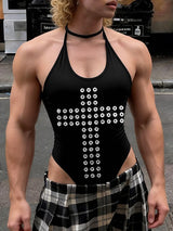 Men's Gothic Cross Print Halter Neck High Cut Bodysuit SKUL56554
