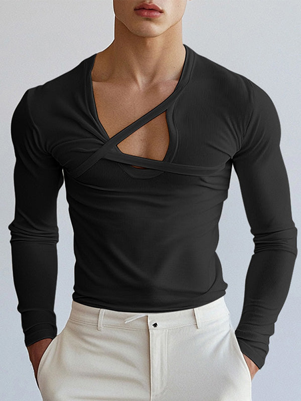 Mens Deconstructed Solid Color Long-Sleeve T-Shirt SKUK85579